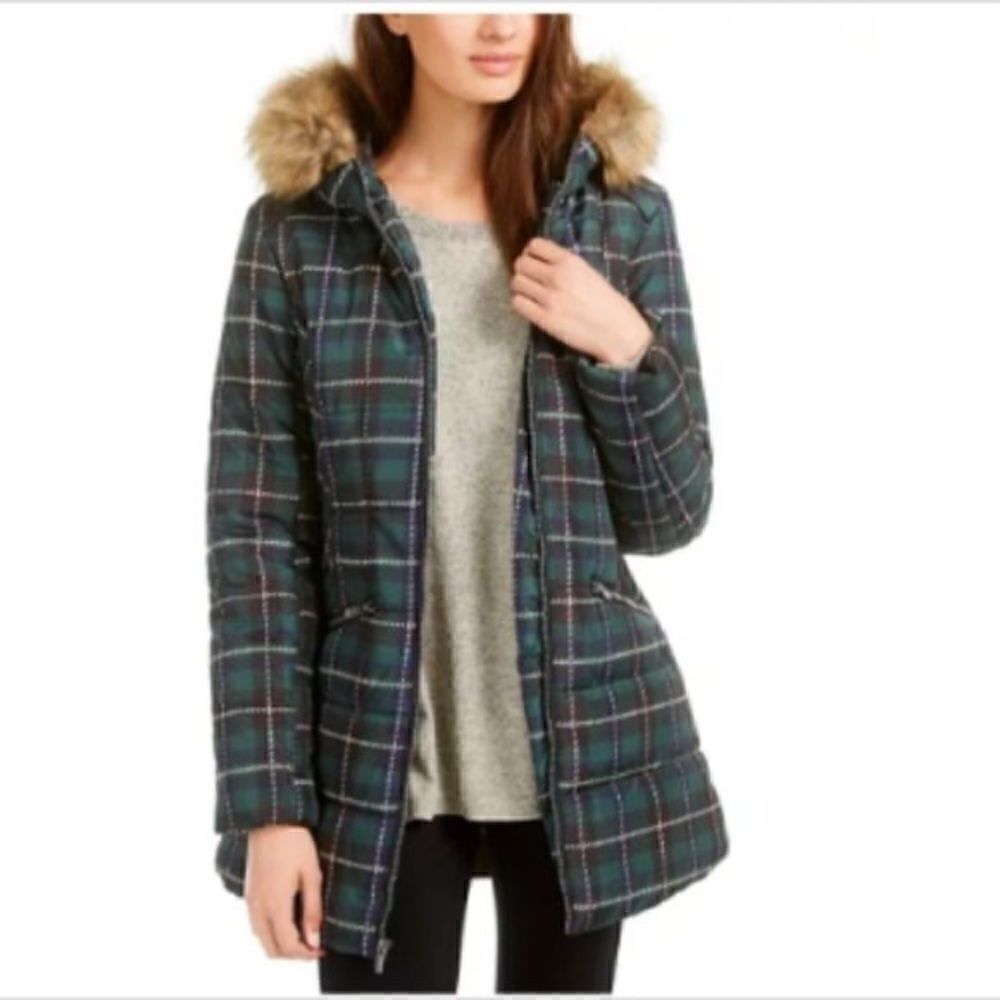 Celebrity Pink Juniors Faux-Fur-Trim Hooded Green Plaid Puffer Coat Size XXL NWT
